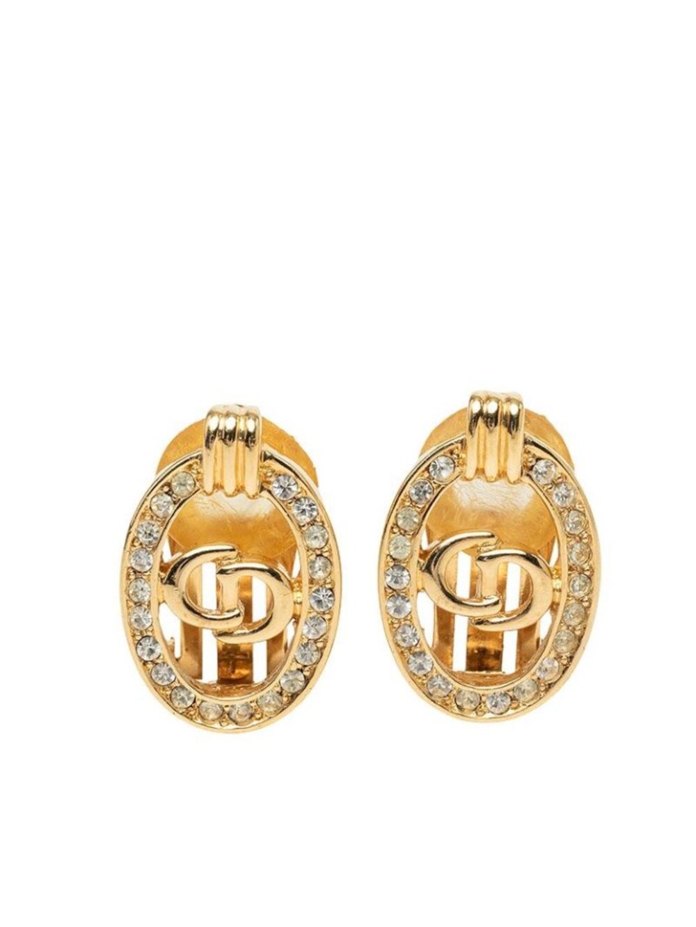 Dior CD Logo Oval Earrings Gold Plated Rhinestone